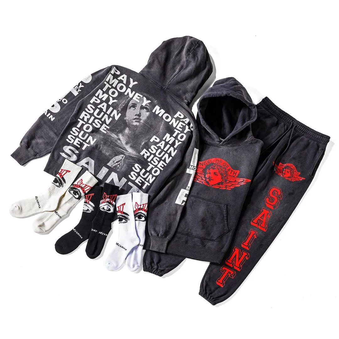 SAINT Mxxxxxx ANGEL HOODIE/BLK Angel Rebirth Crack Printed Retro Distressed Hoodie Assute dyeing, full-length spray-on fade, heavy fermentation wash, NEW VINTAGE texture, factory four-needle and six-thread workmanship, boneless patchwork, more comfortable to wear, genuine level crack print/accessories restored